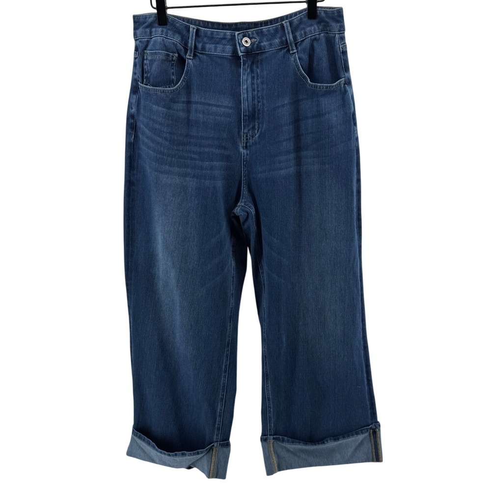 Halara Wide Leg Jeans Womens‎ Large Blue Cuffed High Rise Stretch Denim Casual